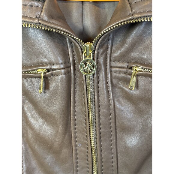 Michael Kors Brown Leather Jacket L Moto Biker Zip Faux Fur Collar Gold Accents - Picture 4 of 10